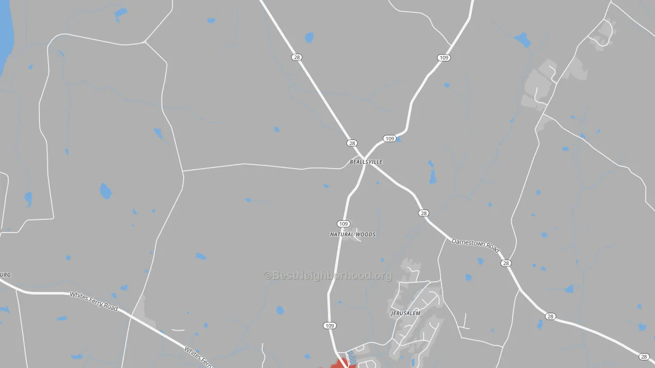 Walk Grade map of 20839, MD, walkable areas in green and car-dependent areas in red