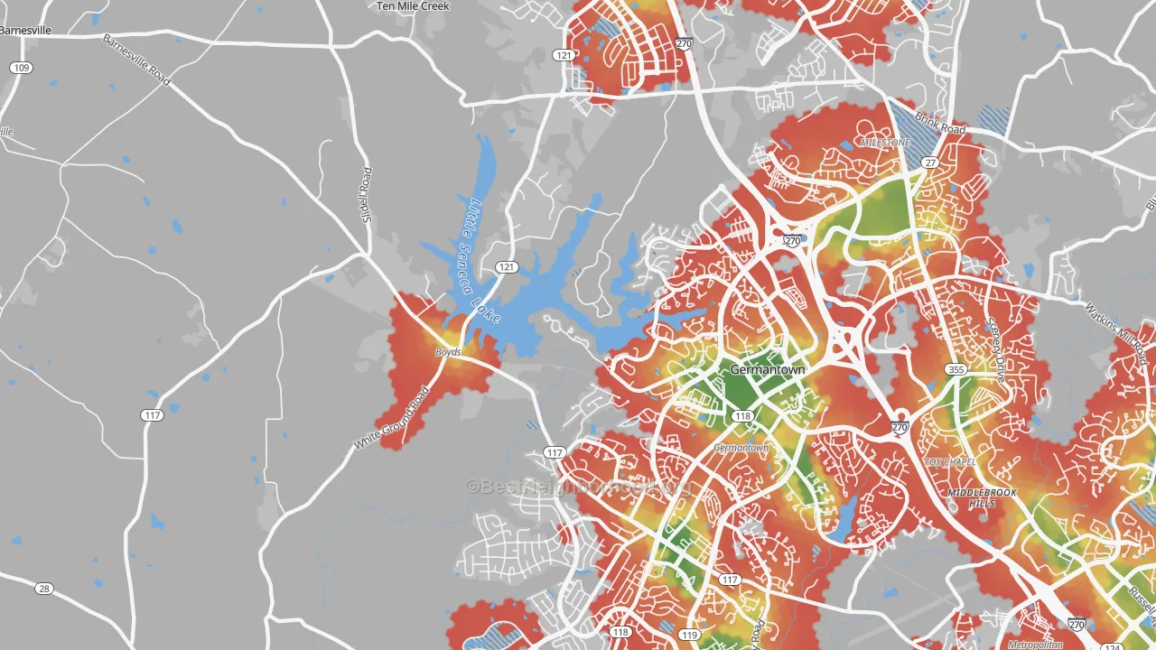 Walk Grade map of 20841, MD, walkable areas in green and car-dependent areas in red
