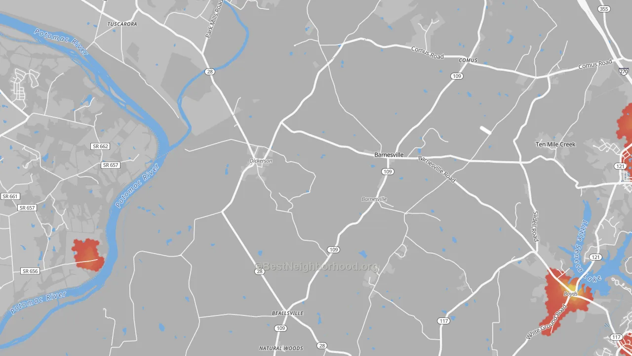 Walk Grade map of 20842, MD, walkable areas in green and car-dependent areas in red