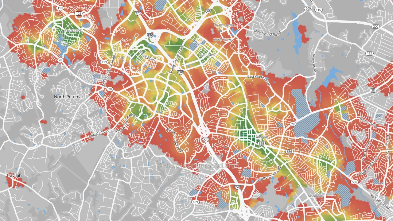 Walk Grade map of 20850, MD, walkable areas in green and car-dependent areas in red
