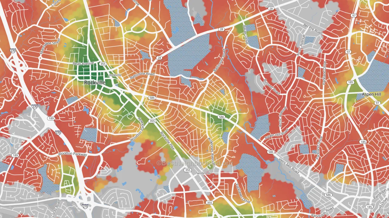 Walk Grade map of 20851, MD, walkable areas in green and car-dependent areas in red