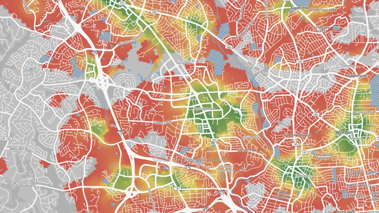 Walk Grade map of 20852, MD, walkable areas in green and car-dependent areas in red