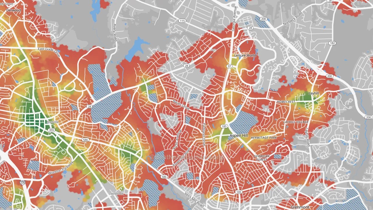 Walk Grade map of 20853, MD, walkable areas in green and car-dependent areas in red