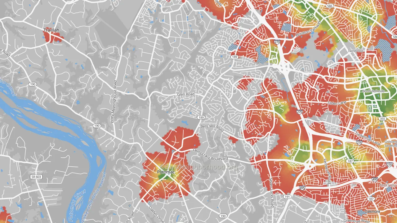Walk Grade map of 20854, MD, walkable areas in green and car-dependent areas in red