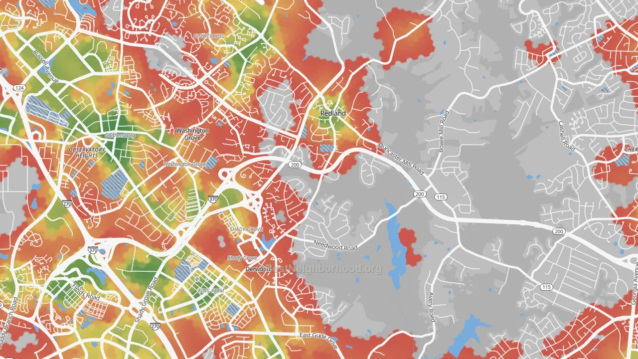 Walk Grade map of 20855, MD, walkable areas in green and car-dependent areas in red