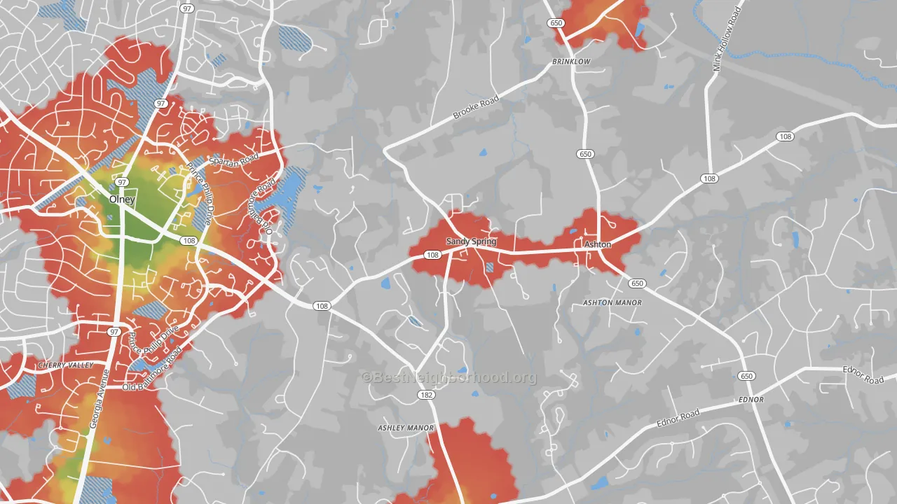 Walk Grade map of 20860, MD, walkable areas in green and car-dependent areas in red