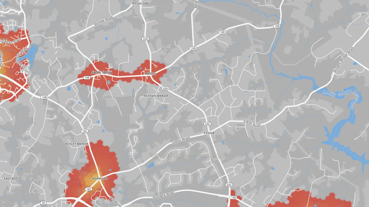Walk Grade map of 20861, MD, walkable areas in green and car-dependent areas in red