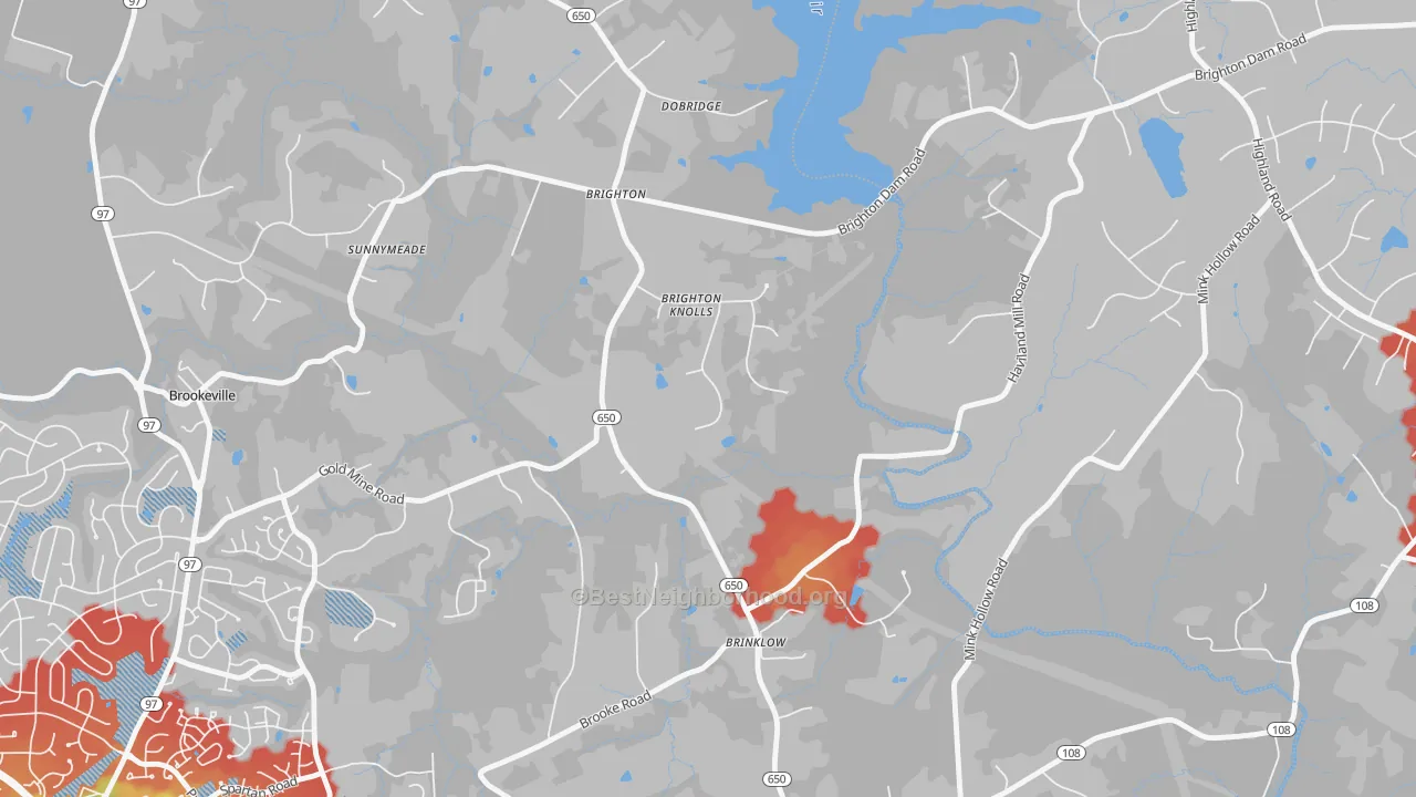 Walk Grade map of 20862, MD, walkable areas in green and car-dependent areas in red