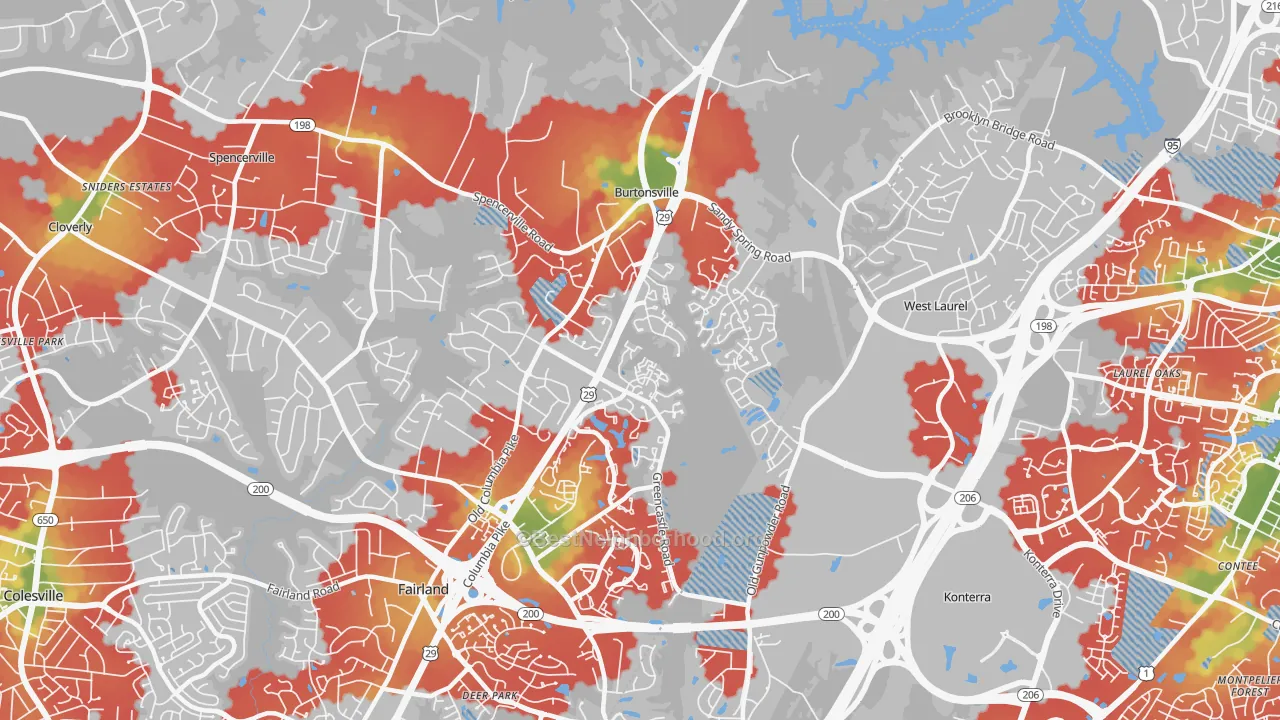 Walk Grade map of 20866, MD, walkable areas in green and car-dependent areas in red