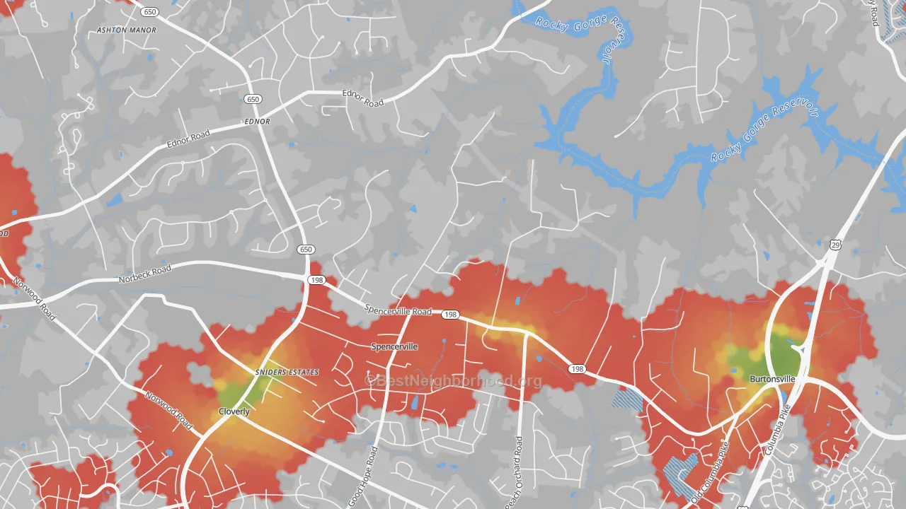 Walk Grade map of 20868, MD, walkable areas in green and car-dependent areas in red