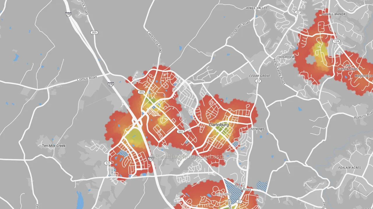Walk Grade map of 20871, MD, walkable areas in green and car-dependent areas in red