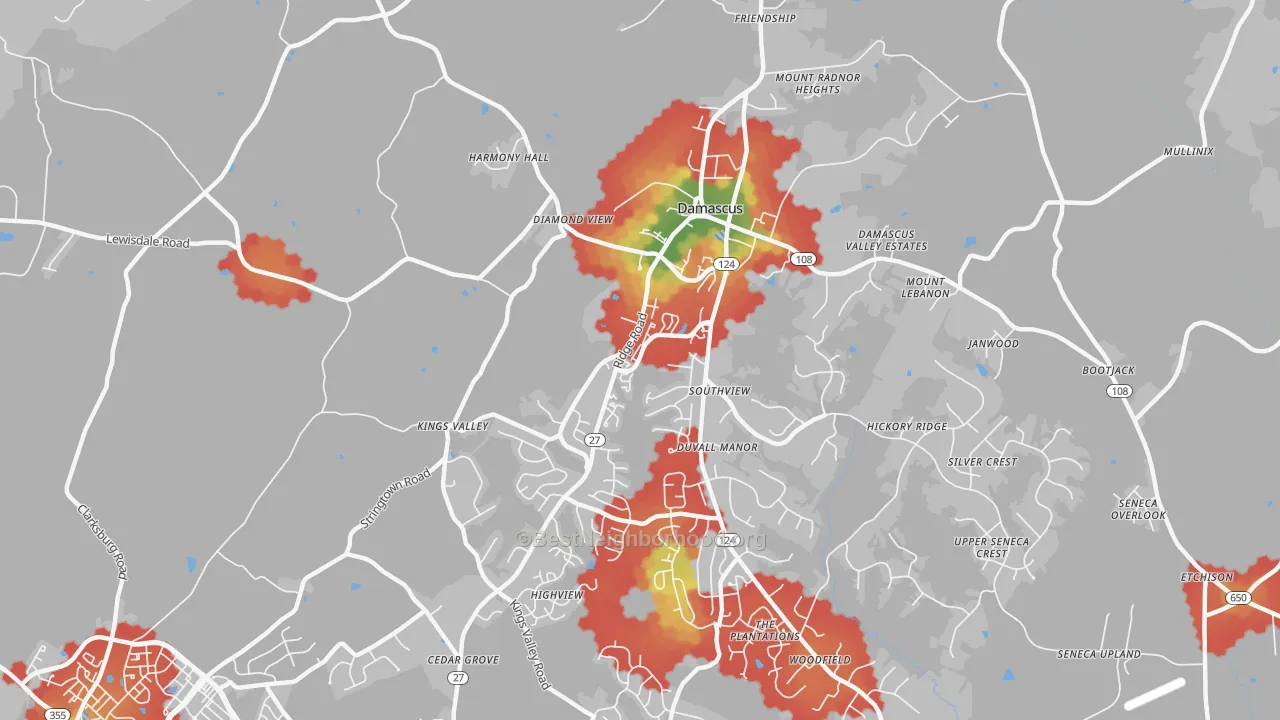 Walk Grade map of 20872, MD, walkable areas in green and car-dependent areas in red