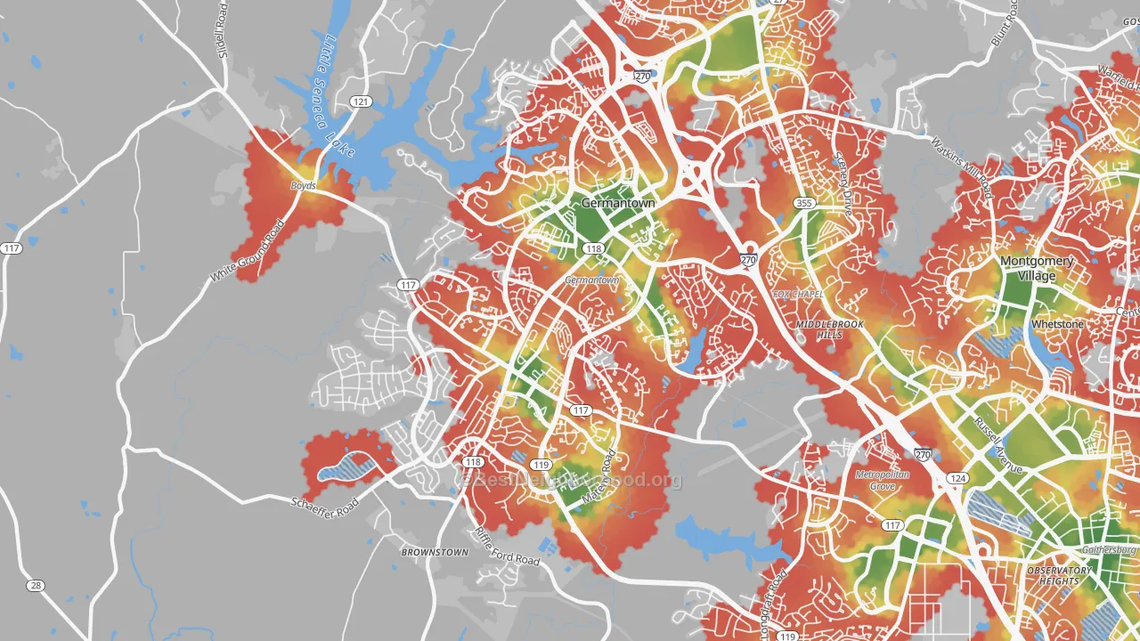 Walk Grade map of 20874, MD, walkable areas in green and car-dependent areas in red