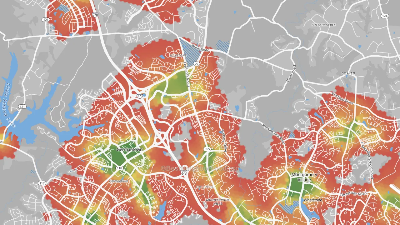 Walk Grade map of 20876, MD, walkable areas in green and car-dependent areas in red