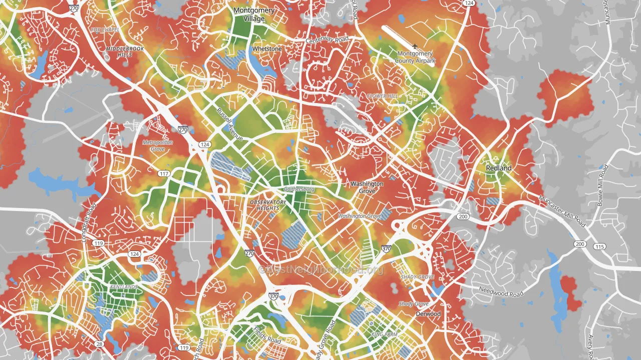 Walk Grade map of 20877, MD, walkable areas in green and car-dependent areas in red