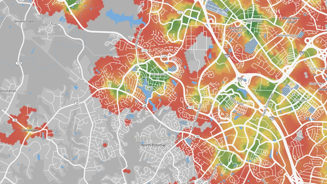 Walk Grade map of 20878, MD, walkable areas in green and car-dependent areas in red