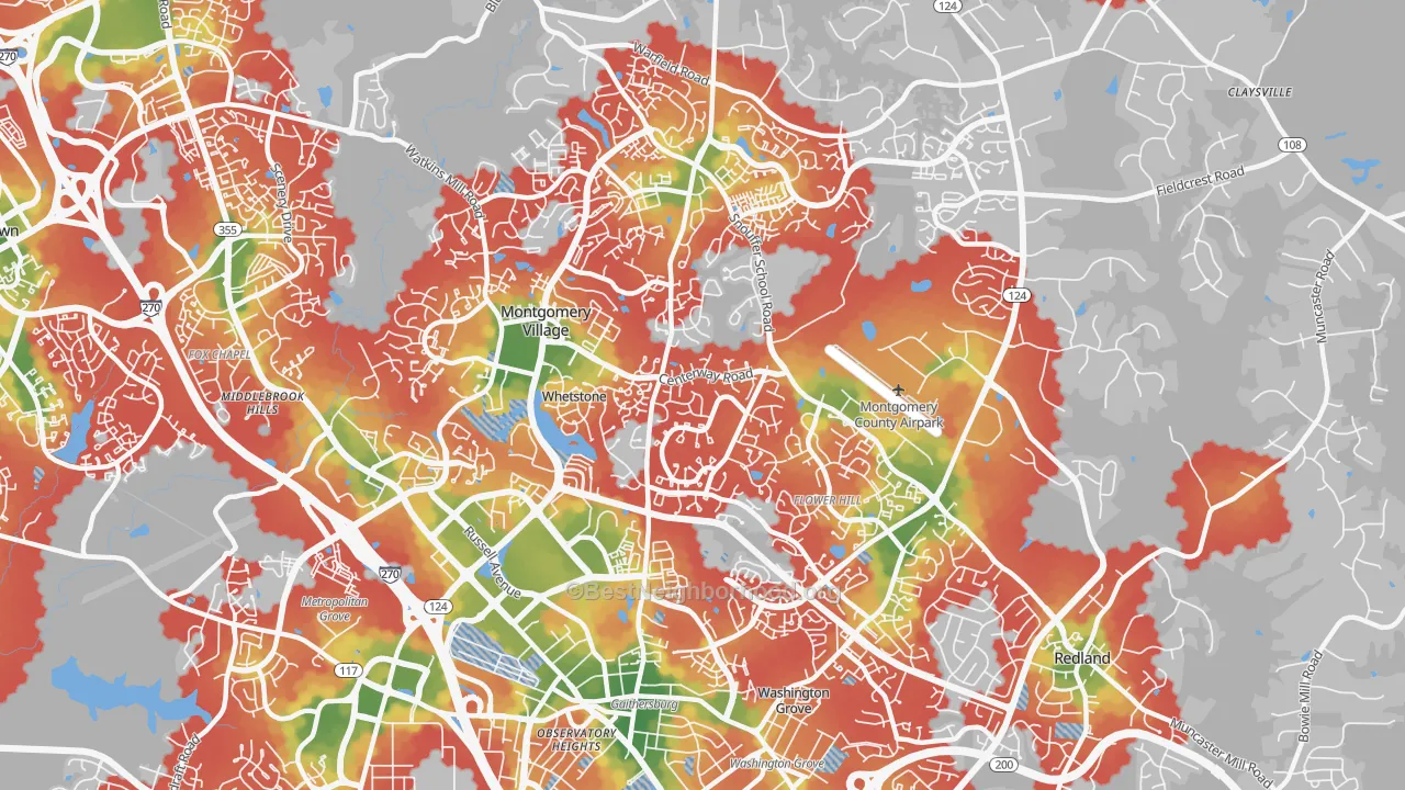 Walk Grade map of 20879, MD, walkable areas in green and car-dependent areas in red