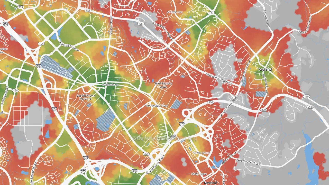 Walk Grade map of 20880, MD, walkable areas in green and car-dependent areas in red