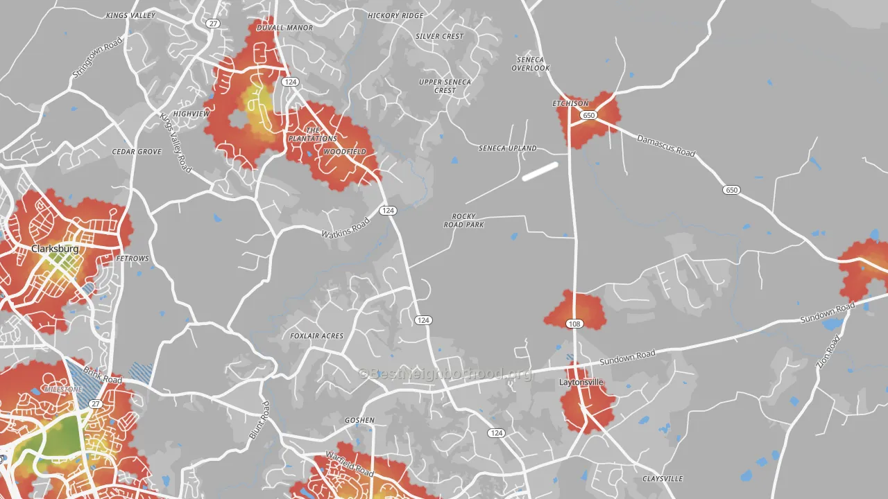 Walk Grade map of 20882, MD, walkable areas in green and car-dependent areas in red