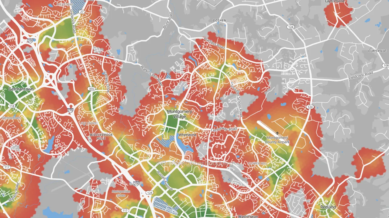 Walk Grade map of 20886, MD, walkable areas in green and car-dependent areas in red