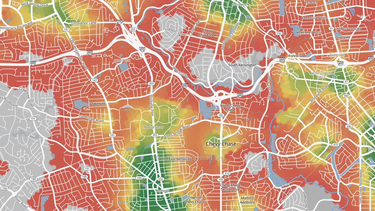 Walk Grade map of 20889, MD, walkable areas in green and car-dependent areas in red