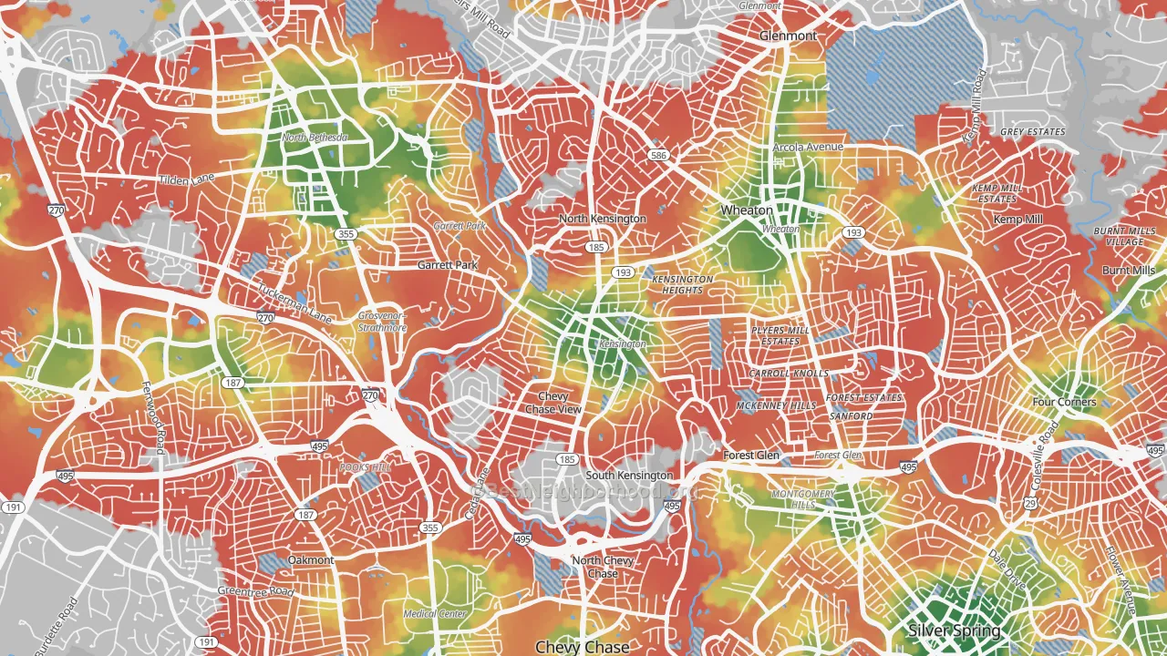 Walk Grade map of 20895, MD, walkable areas in green and car-dependent areas in red