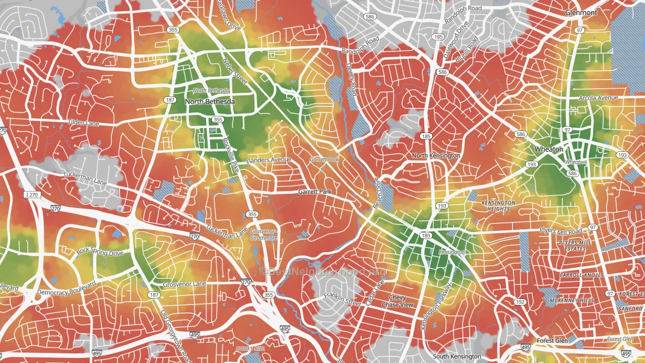 Walk Grade map of 20896, MD, walkable areas in green and car-dependent areas in red