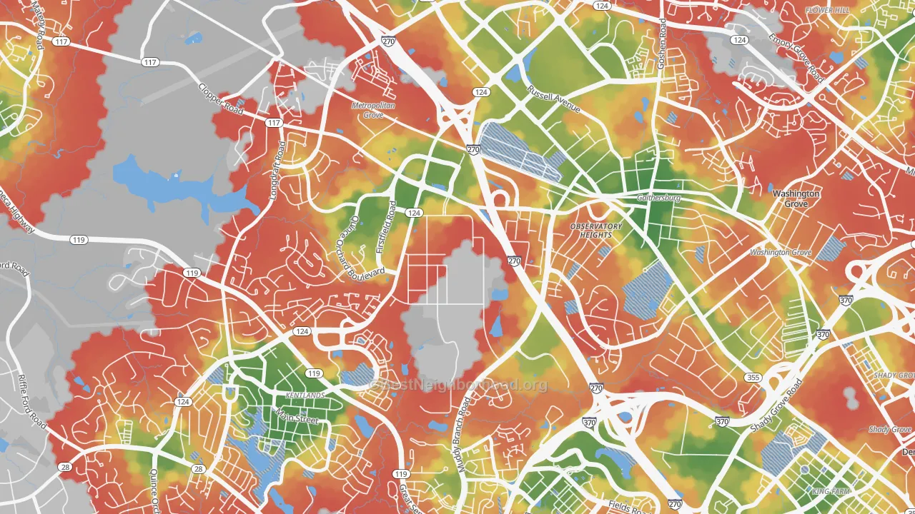 Walk Grade map of 20899, MD, walkable areas in green and car-dependent areas in red
