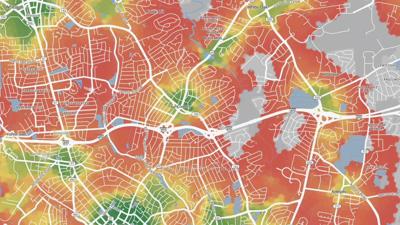 Walk Grade map of 20901, MD, walkable areas in green and car-dependent areas in red