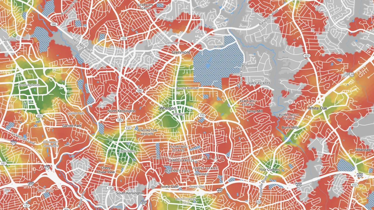 Walk Grade map of 20902, MD, walkable areas in green and car-dependent areas in red