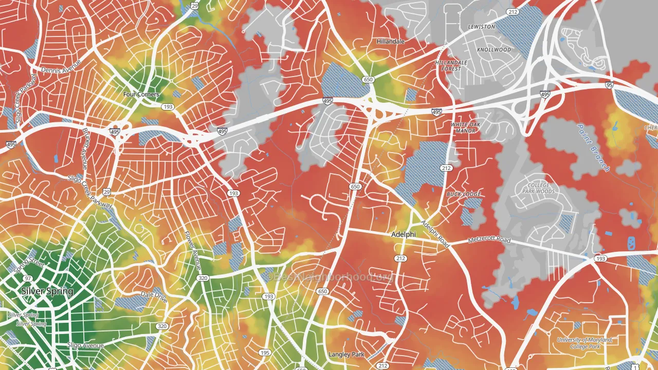 Walk Grade map of 20903, MD, walkable areas in green and car-dependent areas in red
