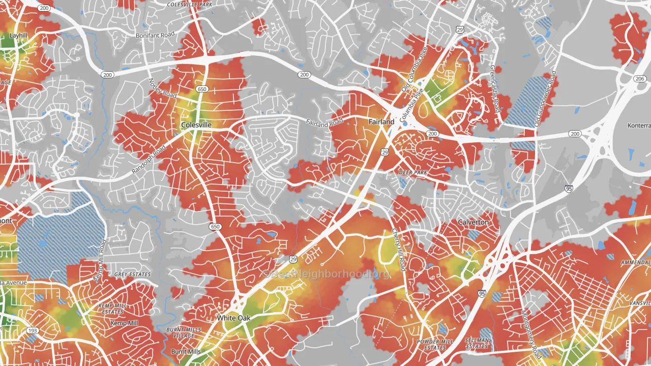 Walk Grade map of 20904, MD, walkable areas in green and car-dependent areas in red