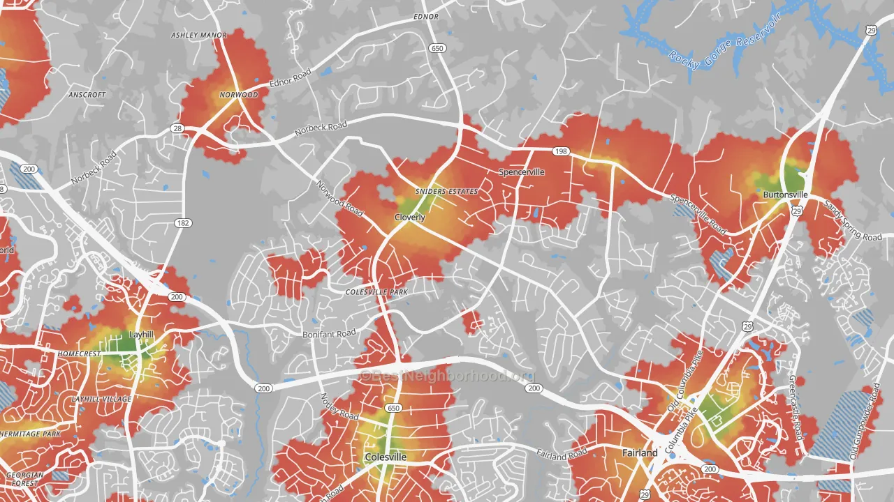 Walk Grade map of 20905, MD, walkable areas in green and car-dependent areas in red