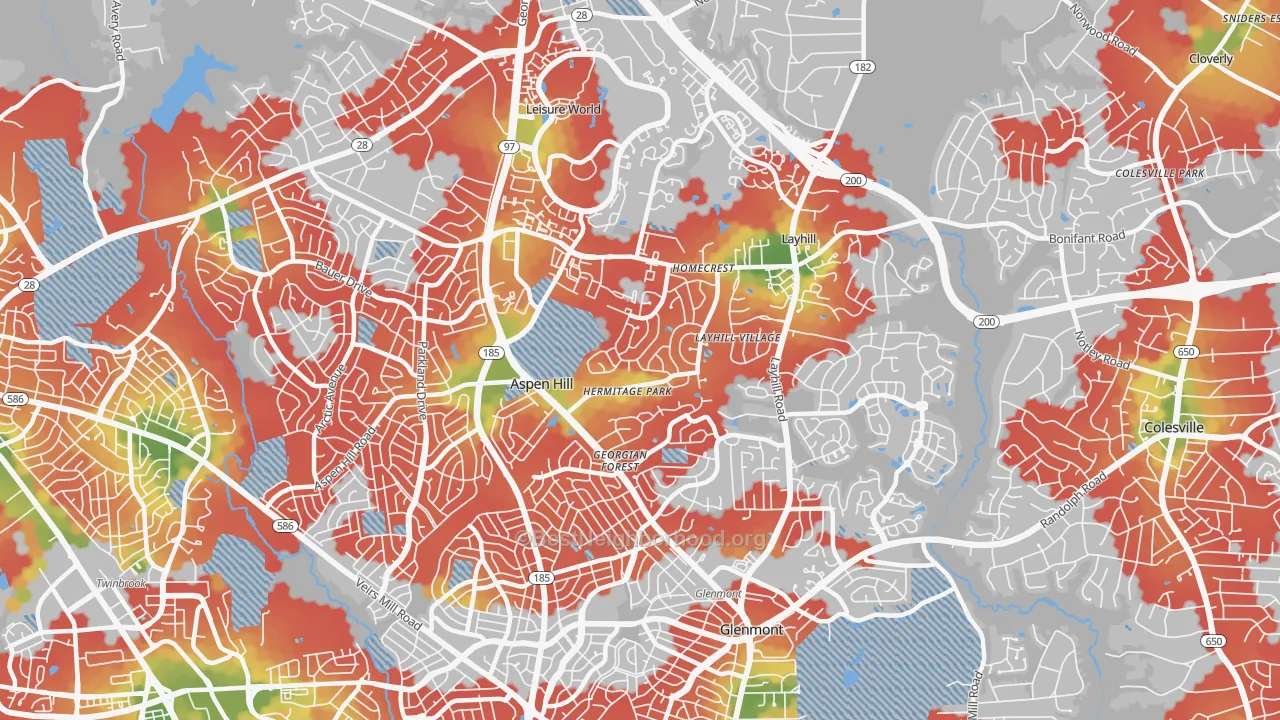 Walk Grade map of 20906, MD, walkable areas in green and car-dependent areas in red