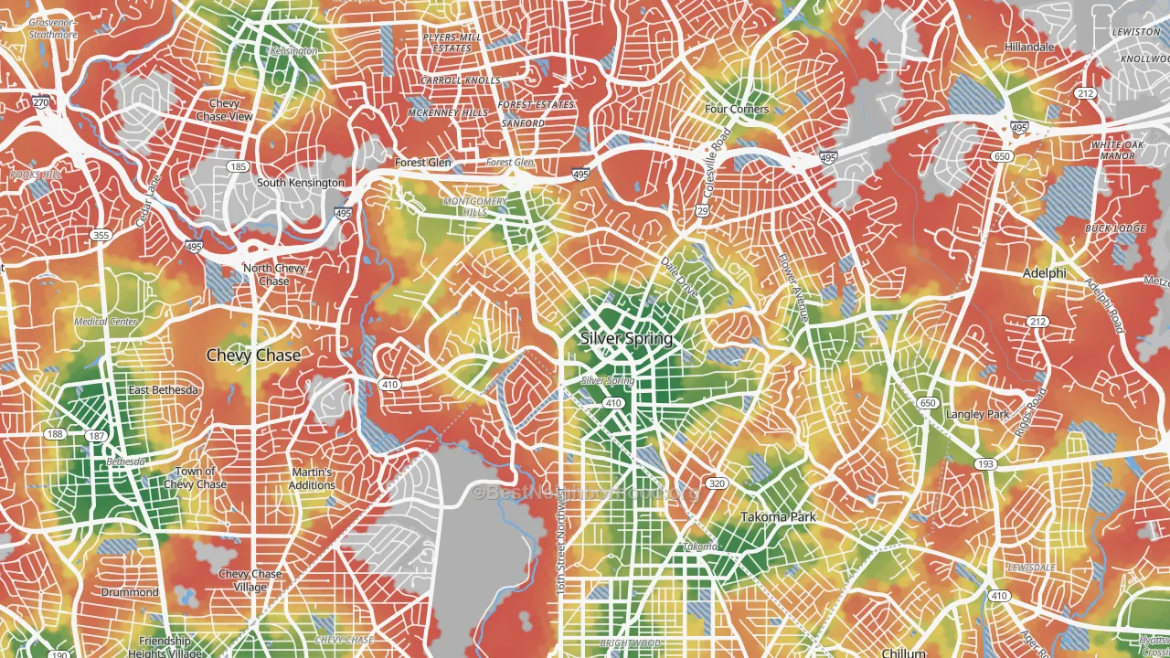 Walk Grade map of 20910, MD, walkable areas in green and car-dependent areas in red