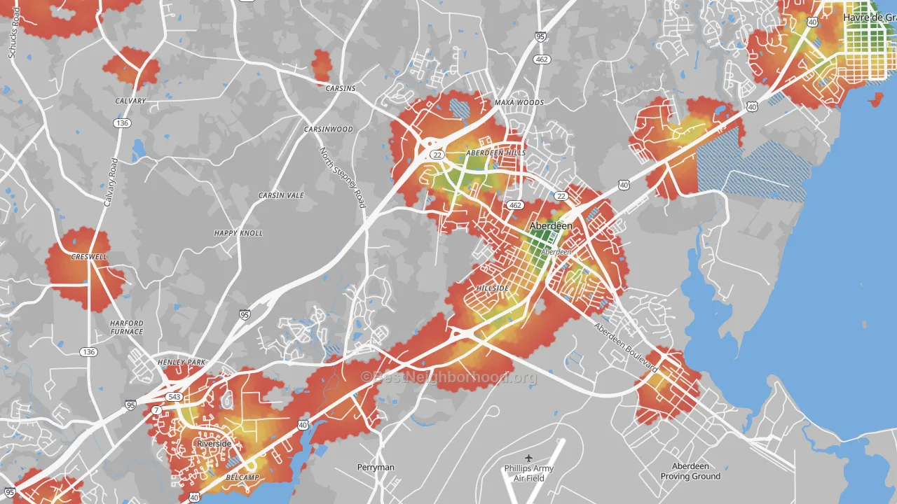 Walk Grade map of 21001, MD, walkable areas in green and car-dependent areas in red