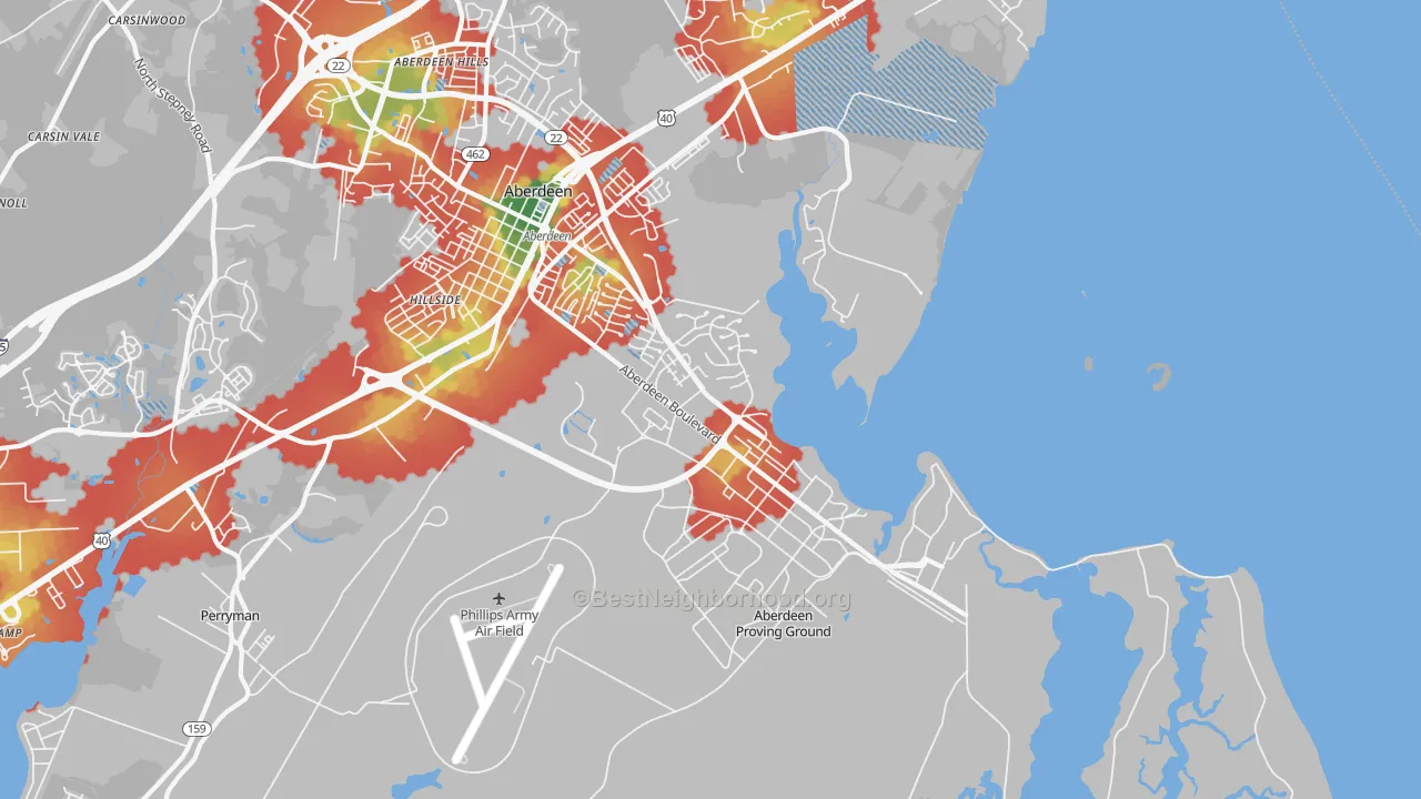 Walk Grade map of 21005, MD, walkable areas in green and car-dependent areas in red
