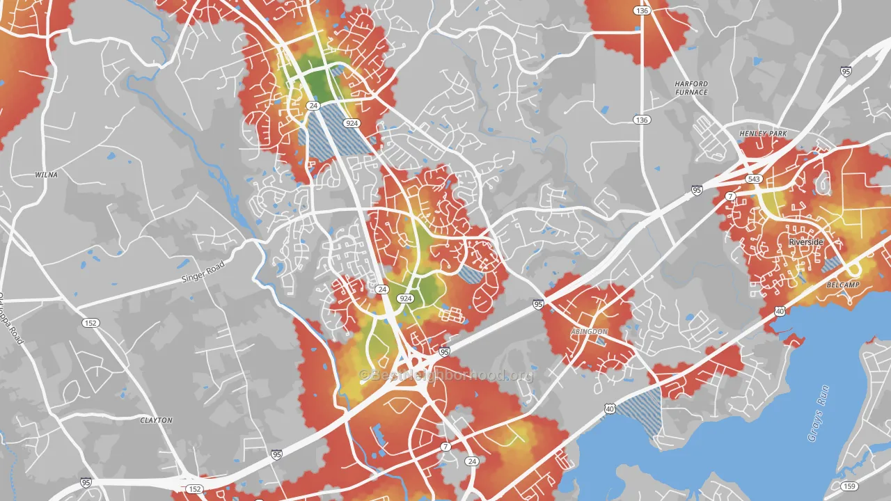 Walk Grade map of 21009, MD, walkable areas in green and car-dependent areas in red