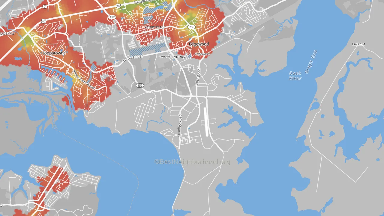 Walk Grade map of 21010, MD, walkable areas in green and car-dependent areas in red