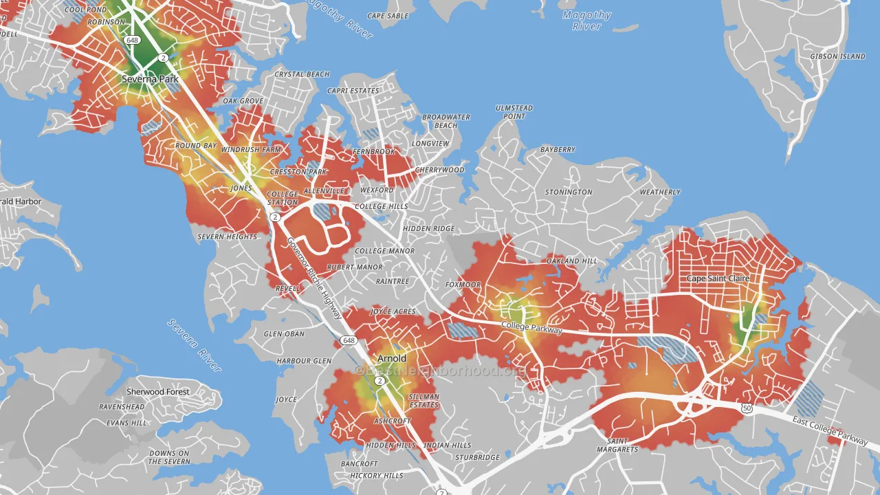 Walk Grade map of 21012, MD, walkable areas in green and car-dependent areas in red