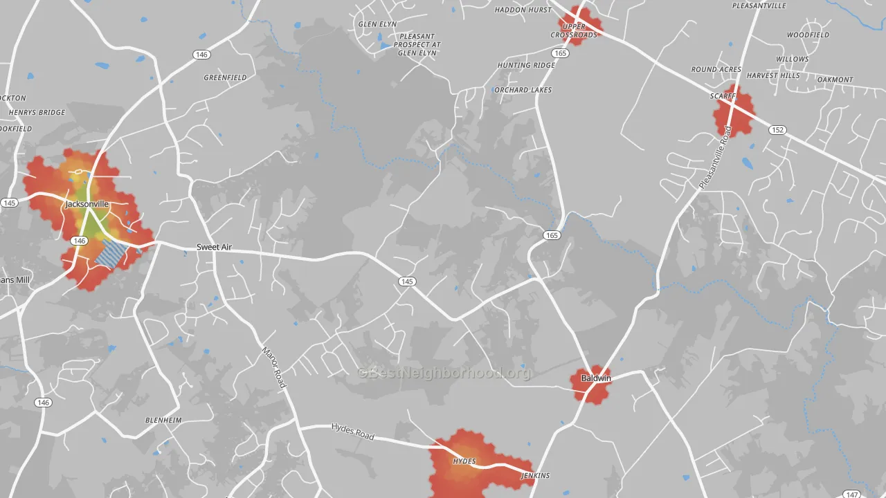 Walk Grade map of 21013, MD, walkable areas in green and car-dependent areas in red
