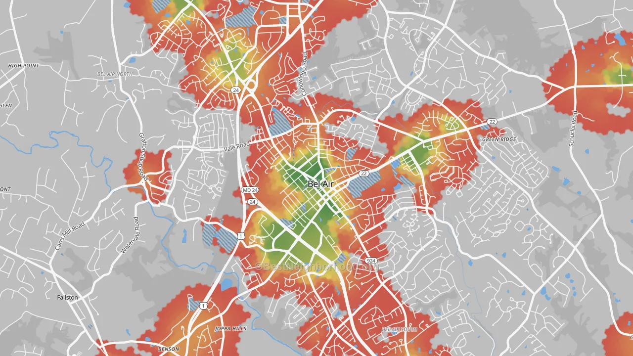 Walk Grade map of 21014, MD, walkable areas in green and car-dependent areas in red
