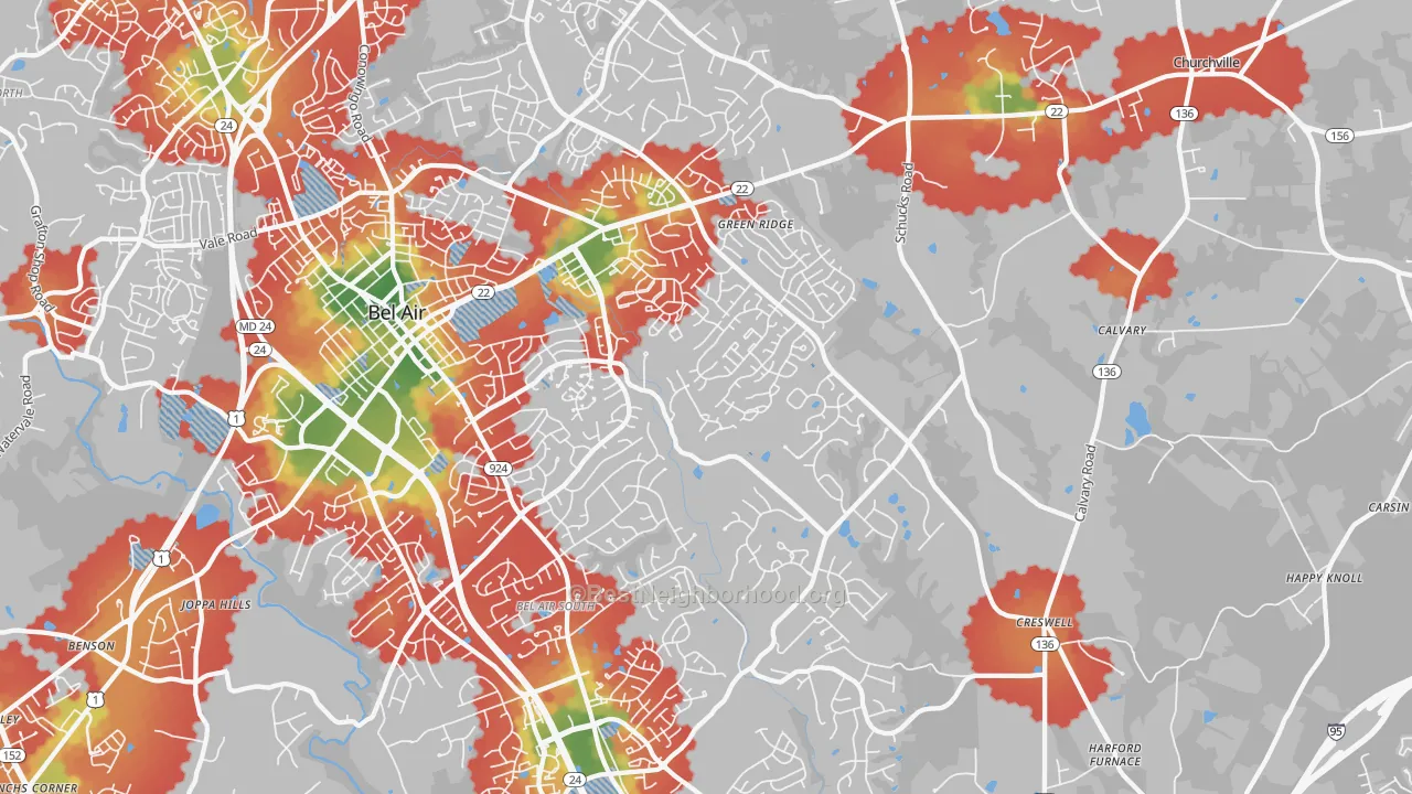 Walk Grade map of 21015, MD, walkable areas in green and car-dependent areas in red