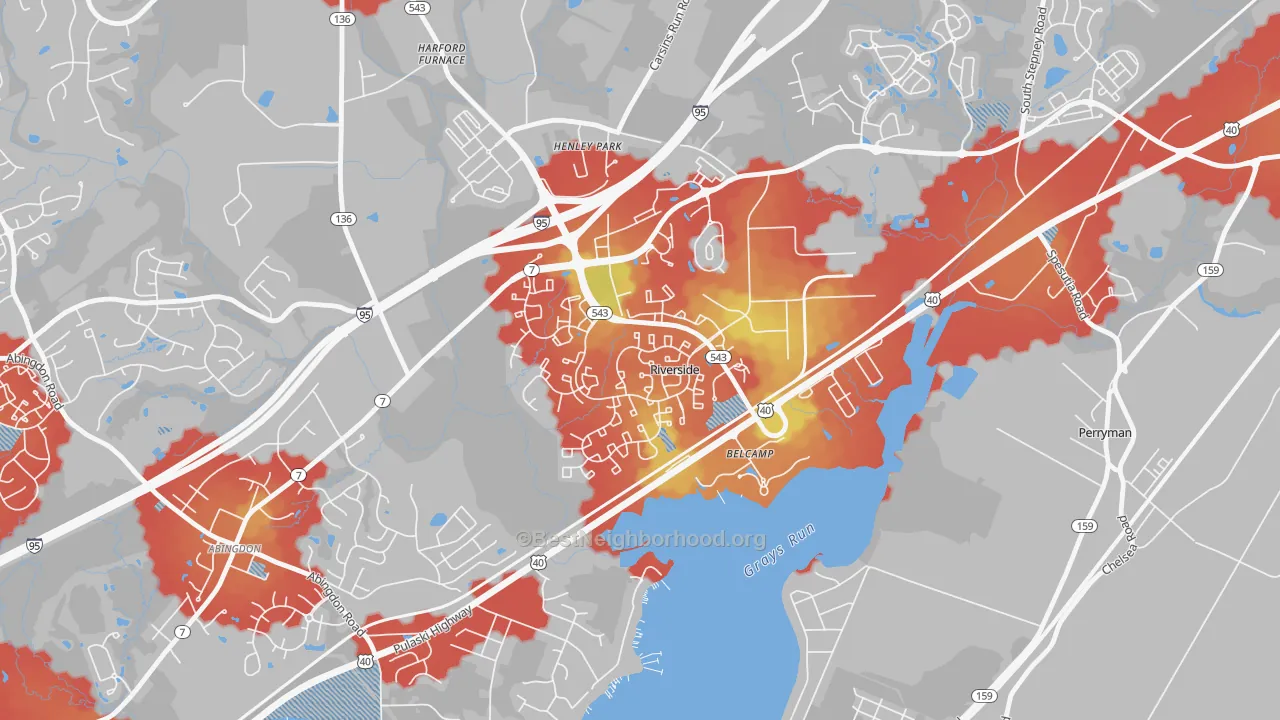 Walk Grade map of 21017, MD, walkable areas in green and car-dependent areas in red