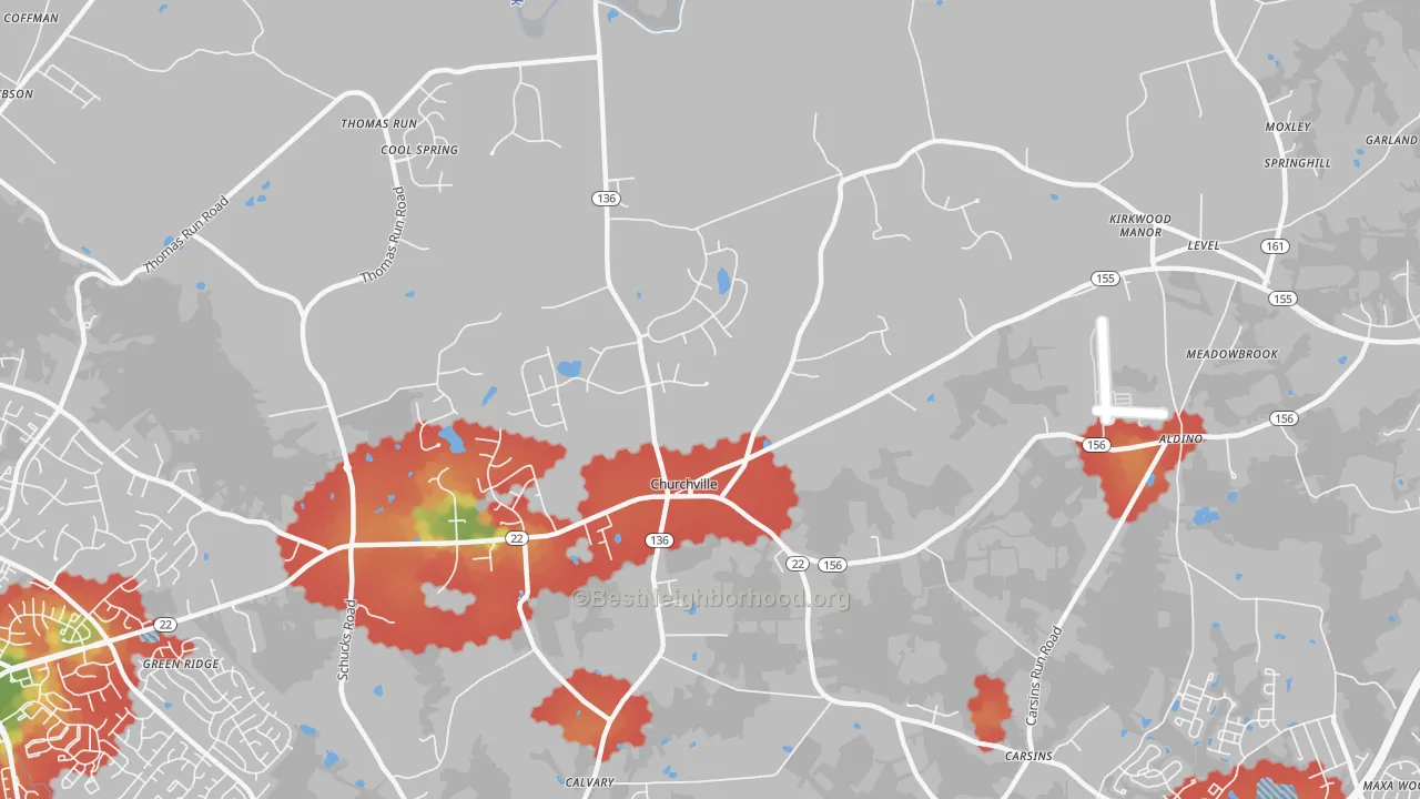 Walk Grade map of 21028, MD, walkable areas in green and car-dependent areas in red