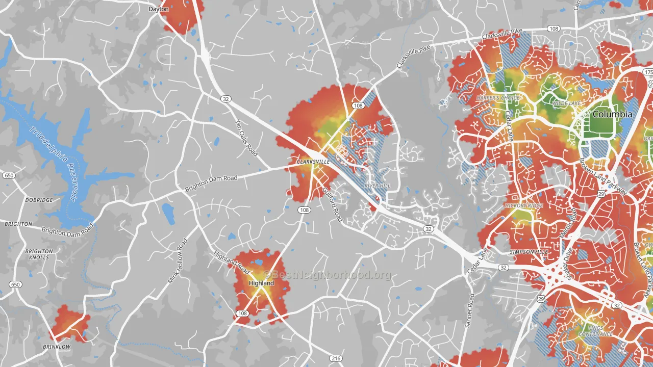 Walk Grade map of 21029, MD, walkable areas in green and car-dependent areas in red
