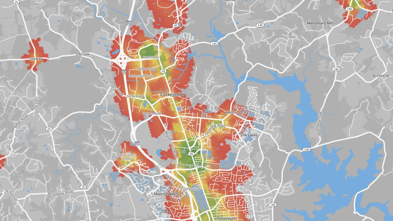 Walk Grade map of 21030, MD, walkable areas in green and car-dependent areas in red