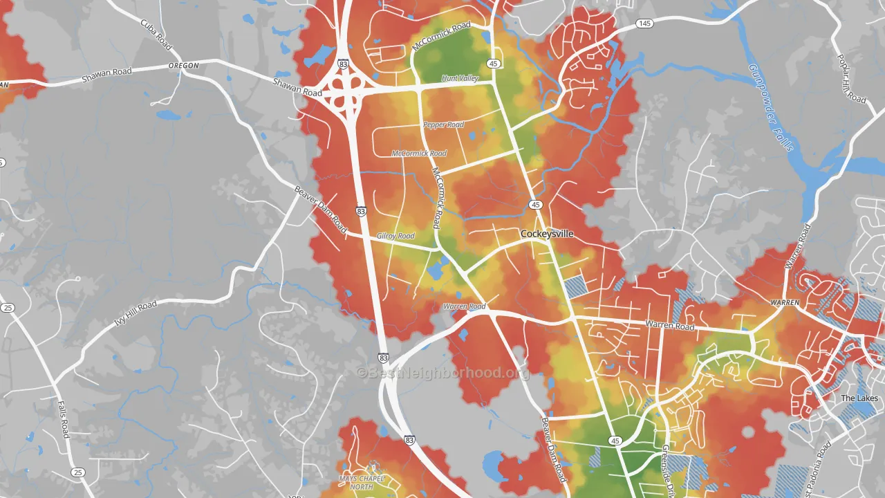Walk Grade map of 21031, MD, walkable areas in green and car-dependent areas in red