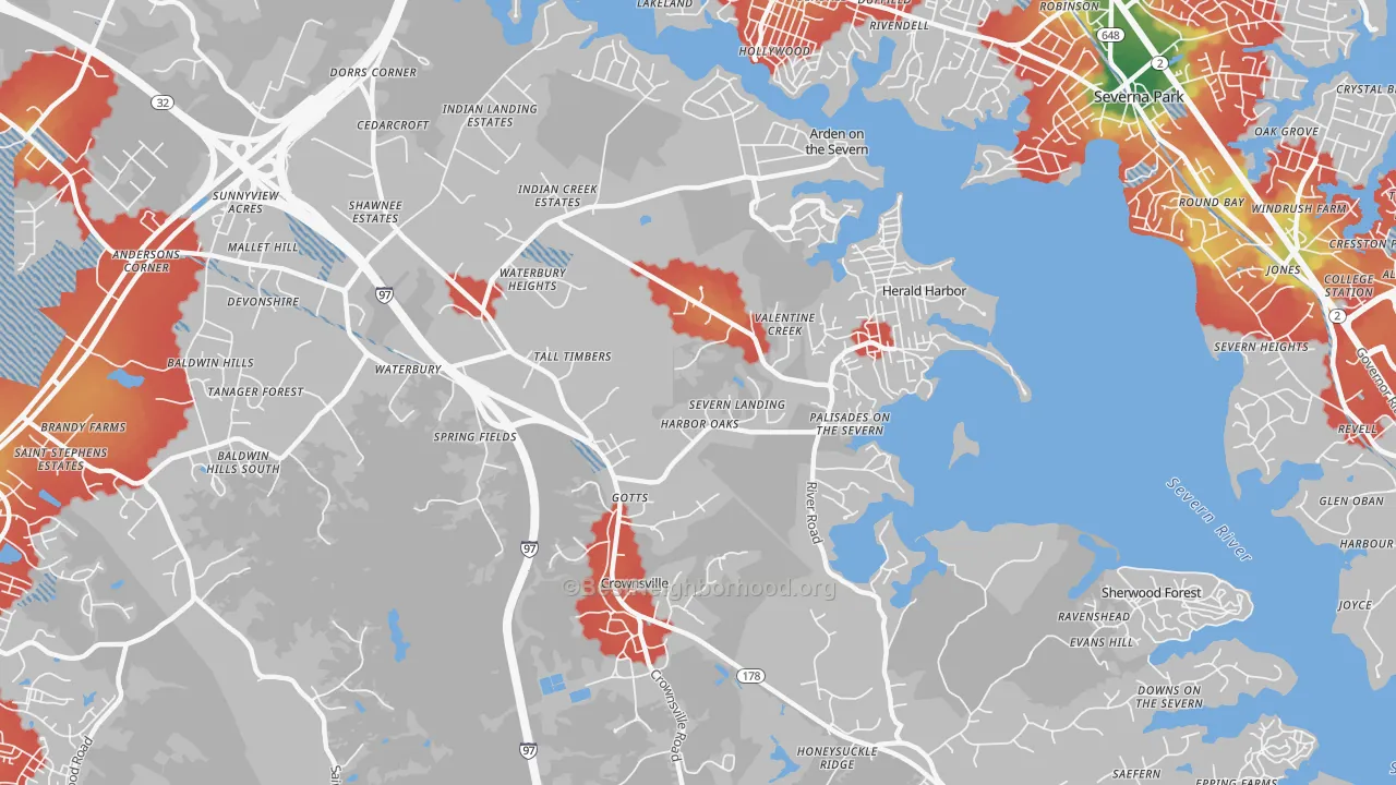 Walk Grade map of 21032, MD, walkable areas in green and car-dependent areas in red