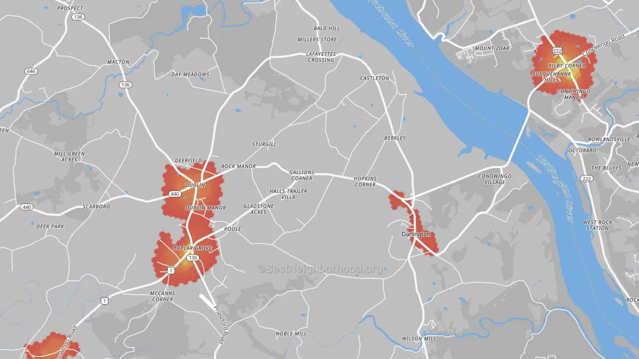 Walk Grade map of 21034, MD, walkable areas in green and car-dependent areas in red